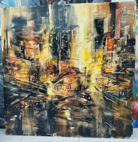 an  abstract cityscape  done in amber and red and yellow and black and brown, energy swirling around from all different angles 
