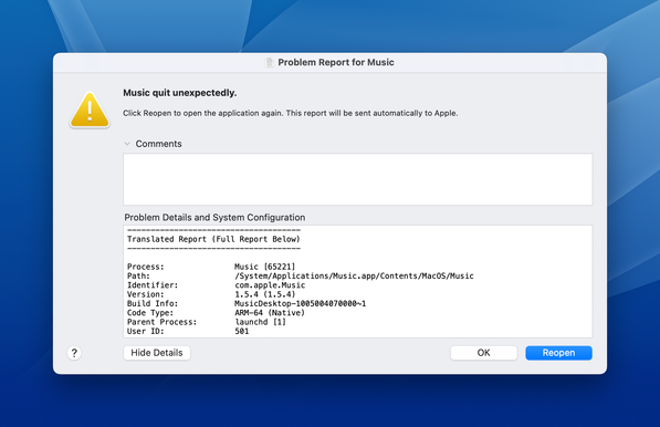 Music App on macOS dialog: Music quit unexpectedly.