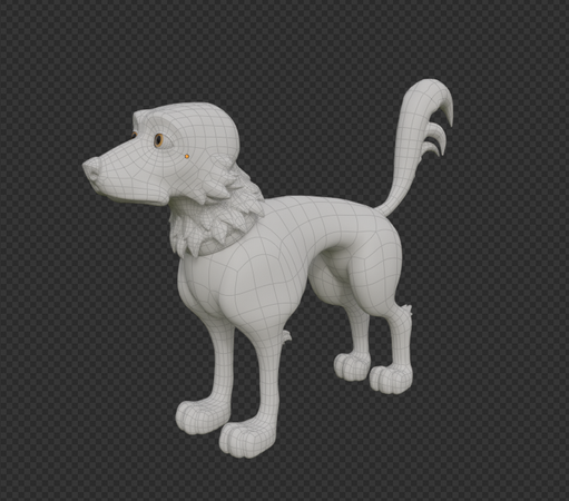An incomplete 3D model of a stylized Dog. It's white with a gray wireframe.