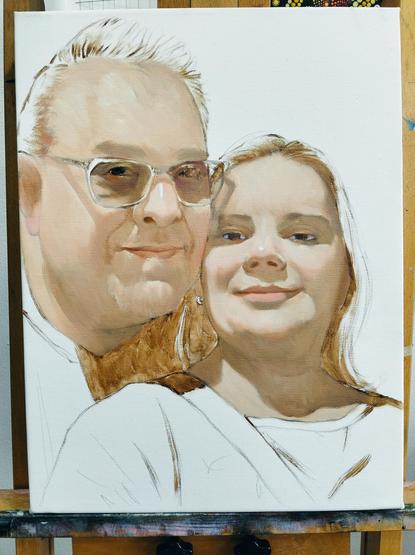 a painting,  it is only partially  finished, a lot of linework on white with their faces painted, a man with his daughter, against a white background , he is wearing glasses , she is leaning against him, both looking at the viewer 