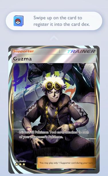 A screenshot showing a user having unpacked the Guzma immersive three-star card in Pokémon Trading Card Game Pocket.