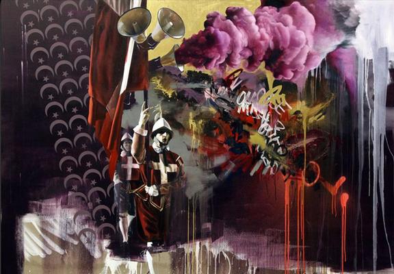 a surrealist painting, it is purple smoke at the top , three speakers  at  the top, men in silver helmets with red shirts and thick white crosses on it, there is a strip of repeating crescent moons , coming in diagonally, scribbled spray paint around it,  abstract tones, a dreamy painting 