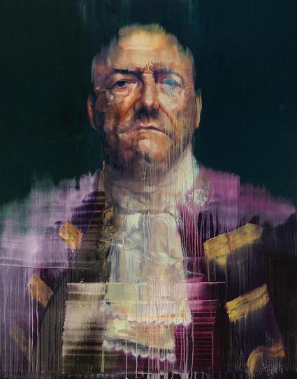 a  painting  of a man, no hair, he is older, wearing a formal purple military shirt with gold accents on it 