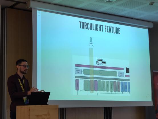 A slide showing a torchlight that shines through an architectural diagram, light beam crossing layers that are affected by a change