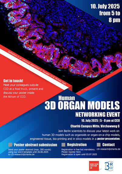 Einladungsflyer für die Veranstaltung "Human 3D Organ Models" am 10. Juli 2025 auf dem Charité Campus in Berlin Mitte. Alle weiteren Informationen findet man hier: https://www.ec3r.org/en/news/detail-news/invitation-fourth-networking-event-on-human-3d-organ-models-on-july-10th-2025