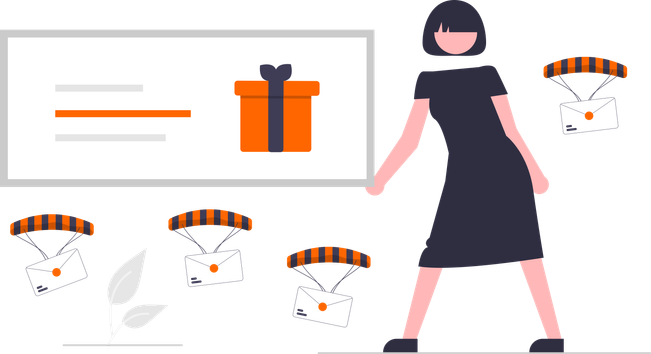 A woman holding an e-mail gift or reward, while envelopes parachute all around her.