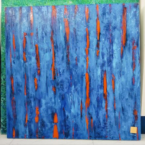an abstract painting, it is a deep blue background with red slashes coming down vertically 