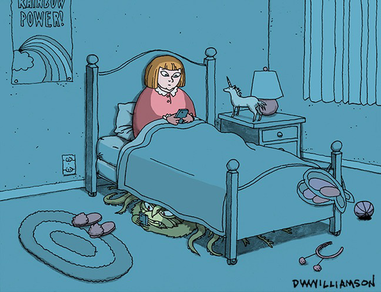 Little girl in bed with smartphone. Monster with smartphone under the bed. 