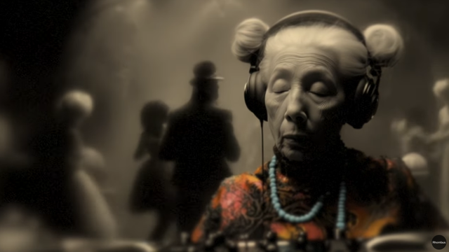 An old lady with mixing with people dancing in the background. AI generated.