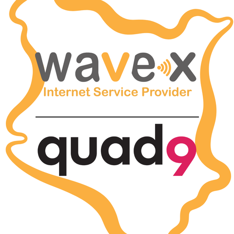 WaveX and Quad9 logos overlaying a mustard-yellow outline of Kenya, on a white background
