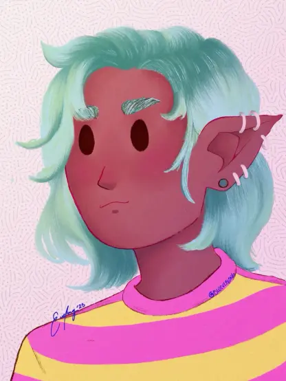 A very guilty pleasure drawing for me, is from the torso up and kore simplistic style like the dotted eyes and triangle for a nose. I really just wanted to focus on rendering because I been trying a more  simple way of rendering that doesn't make me dread it. I just want to have some fun by adding color or whatnot but I get too much in my head and are unable to do so. My character dude is wearing a stripped shirt of pink and yellow, very pastel color scheme all around. Influenced by watching Gabsmolders's recent stream. They have a minty colored hair, lenght to the shoulders. They have pointy ears with piercing (specifically 5 hoops and a small gauge, I think is called) because I love my characters having a bunch of piercings of different sorts. (: