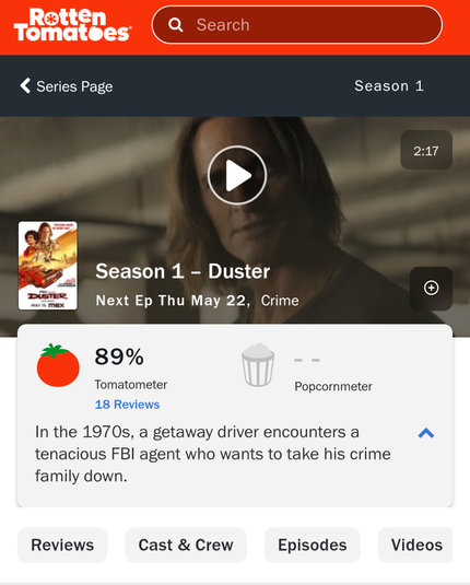 Screencap of the Rotten Tomatoes page for the new JJ Abrams crime thriller series Duster showing an 89% fresh 🍅 rating from 18 critics.