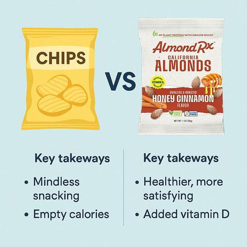 Side-by-side comparison of potato chips versus AlmondRx Sea Salt Almonds highlighting a healthier snacking alternative, promoting mindful eating and natural hunger control with vitamin D–fortified California almonds.