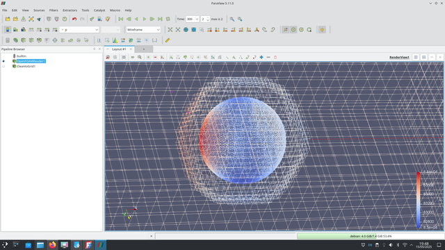 A sphere in wireframe in Paraview. The magnitude of pressure of the sphere in a 33m/s virtual wind tunnel is mapped in colour across the sphere surface. 