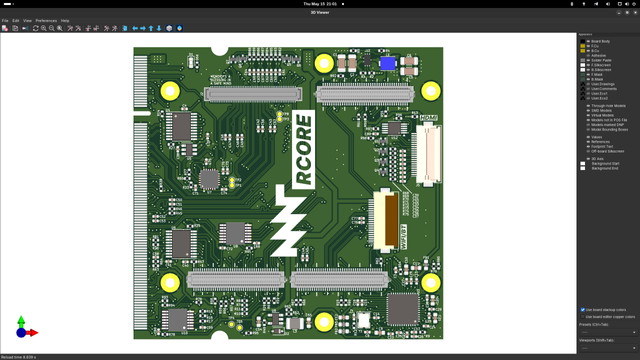MNT RCORE R-2 PCB in KiCAD 3D viewer, top view.