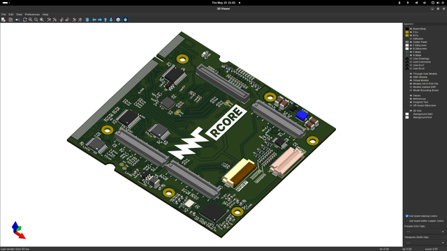 MNT RCORE R-2 PCB in KiCAD 3D viewer, roughly isometric view