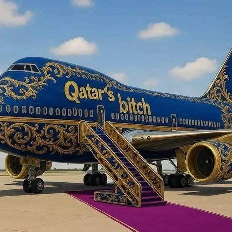 A large kitch plane with written on it Qatar’s bitch 