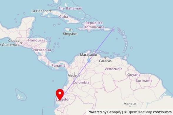 A map showing the great circle route from Road Town in the Virgin Islands, British to a map pin at Iglesia Católica Nuestra Señora del Perpetuo Socorro - Vinces, Avenida 10 de Agosto, 120502, Vinces, Ecuador