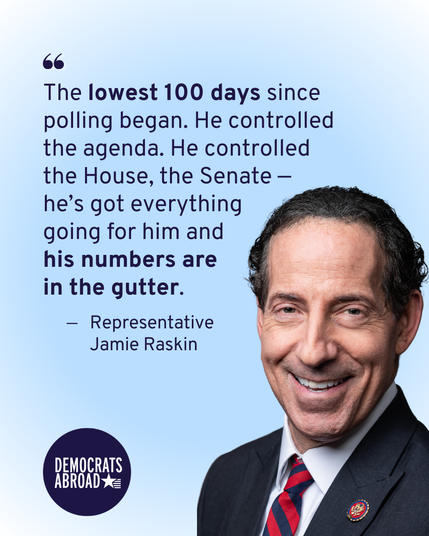There is a photo of Representative Jamie Raskin taking up most of the lower right part of the graphic, with the rest of the background in light blue. He is smiling and facing directly forward. He’s quoted as saying “the lowest 100 days since polling began. He controlled the agenda. He controlled the House, the Senate - he’s got everything going for him and his numbers are in the gutter.” The Democrats Abroad logo is at lower left. 
