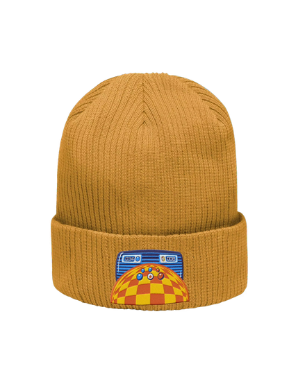 a product mock-up of a yellow beanie with my "Bonus Zone" design.