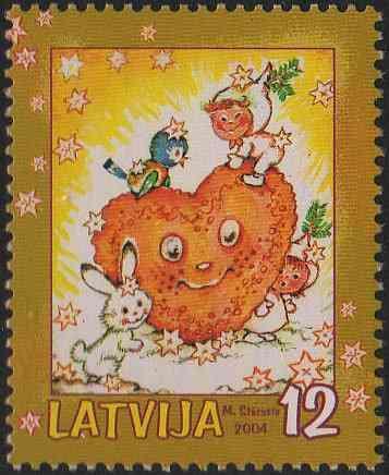 Colorful Christmas-themed postage stamp featuring a gingerbread heart, a gnome, a bird, and a rabbit, set against a starry background.