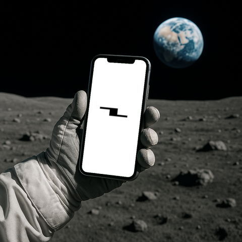 The arm of a astronaut in a suit standing on the moon with the earth far away in the background holding a Smartphone that displays the Universal Credit System Logo