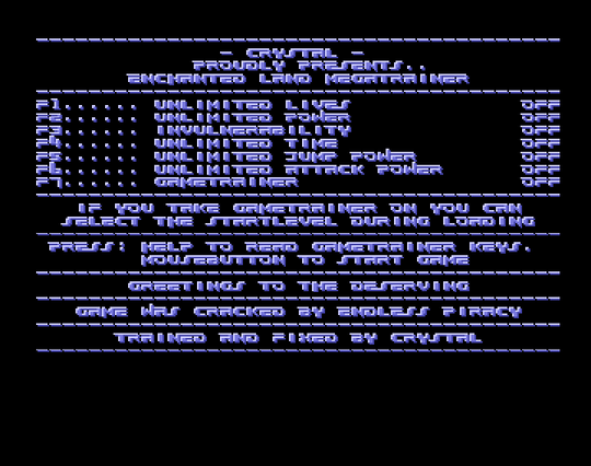 Screenshot of "Enchanted Land" - Crack: Endless Piracy (EP) - Trainer (+7): Crystal (CSL) - Published by Thalion on Commodore Amiga (1990)