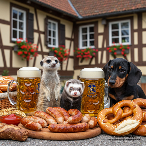 画像には、ドイツ風の建物の前で、ミーアキャット、フェレット、ダックスフントの子犬が、ビールジョッキ、ソーセージ、プレッツェルと一緒に並んでいる様子が写っています。ミーアキャットは直立して正面を見ており、フェレットは少し下を向いています。ダックスフントの子犬はカメラの方を見ています。テーブルの上には、ビールがたっぷり入った二つの大きなジョッキ、様々な種類のソーセージが盛られた木製の皿、プレッツェル、パン、ケチャップのようなソースが入った赤い器が見えます。背景の建物は木組みの壁で、窓には赤い花が飾られています。全体的に、陽気で楽しい雰囲気の画像です。これはAI生成画像です。

The image shows a meerkat, a ferret, and a dachshund puppy posing with beer steins, sausages, and pretzels in front of a German-style building. The meerkat is standing upright and looking forward, the ferret is looking slightly down, and the dachshund puppy is looking towards the camera. On the table, there are two large beer steins filled with beer, a wooden platter piled with various sausages, pretzels, bread, and a red bowl containing a ketchup-like sauce. The building in the background has timber-framed walls and red flowers decorating the windows. Overall, it's a cheerful and fun image. This is an AI-generated image.
