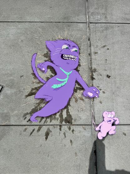 A drawing of a purple cat chasing a little pink mouse. The cat has a green necktie and a wild look in its eyes as it reaches its claws out towards the mouse, who looks scared. The background of this drawing is a photo of the sidewalk. 