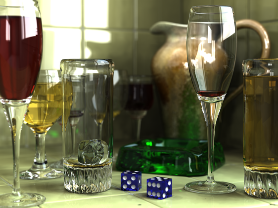 ray traced image of glasses with liquid, refraction, reflections by poverty 

src https://en.wikipedia.org/wiki/File:Glasses_800_edit.png