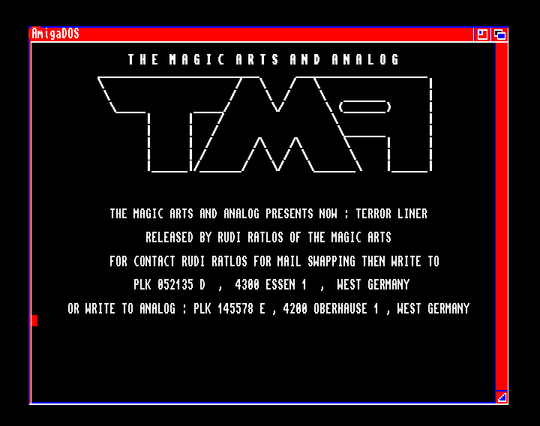 Screenshot of "Terror Liner" - Crack: The Magic Arts (TMA) & Analog - Published by Wolf Software & Design on Commodore Amiga (1989)