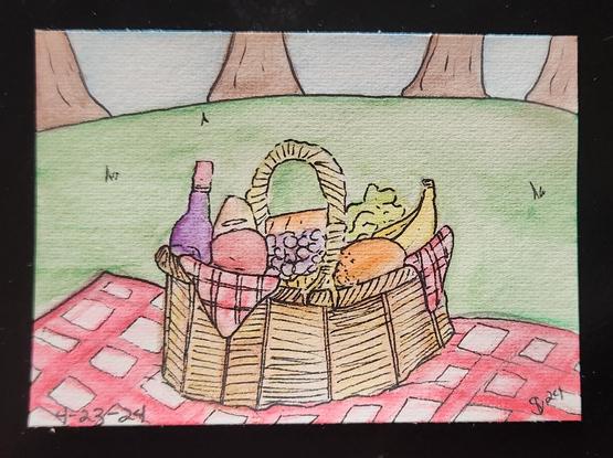 A picnic basket full of food, on a checkered blanket in the park