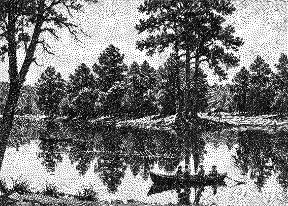 computer generated line drawing of a landscape, children in a boat