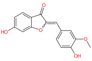 Chemical structure of 6-Hydroxy-2-(4'-hydroxy-3'-methoxybenzylidene)benzofuran-3(2h)-one displaying atoms and bonds.