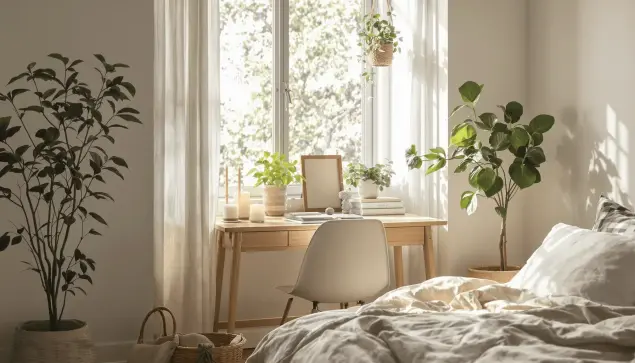 Cozy bedroom corner with soft natural light, neutral tones, plants, a tidy desk, and candles creating a peaceful, nurturing atmosphere.