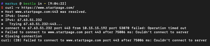 Failed to connect to www.startpage.com port 443 after 75006 ms: Couldn't connect to server
