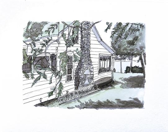 Watercolor and pen painting sketch of the side of a seasonal cabin with a river in the background. 
