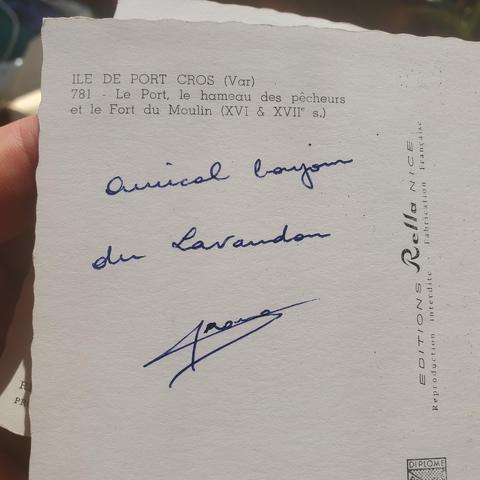 Zoom sur le dos d'une carte postale de l'Ile de Port Cros. "Amical bonjour du Lavandou" écriture manuelle au bic bleu vaguement de travers. Signature illisible, "Jacques" ?