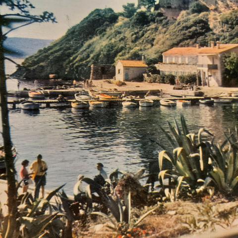 Image de carte postale, petit port, grosses agaves, touristes en short, couleurs un peu forcées