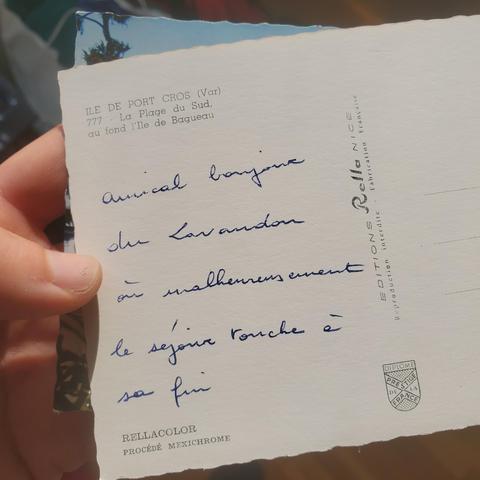 Dos d'une seconde carte de l'Ile de Port Cros, même écriture : "amical bonjour du Lavandou où malheureusement le séjour touche à sa fin". Pas de signature, pas de timbre non plus.