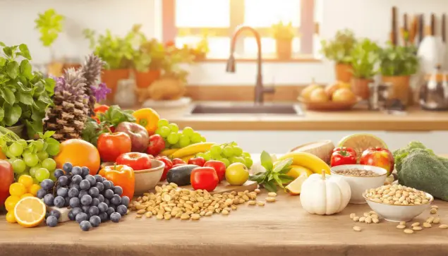 Bright kitchen with fresh colorful fruits, vegetables, nuts, and whole grains arranged on a wooden table, symbolizing natural, hormone-balancing foods.
