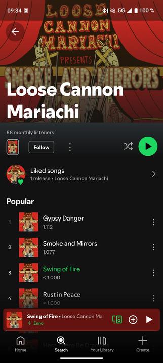 A screenshot of the Spotify artist page for Loose Cannon Mariachi, David Imel's (MKBHD Weiter/Researcher and Waveform co-host) college/high school band, with a "create" button in the lower right corner.