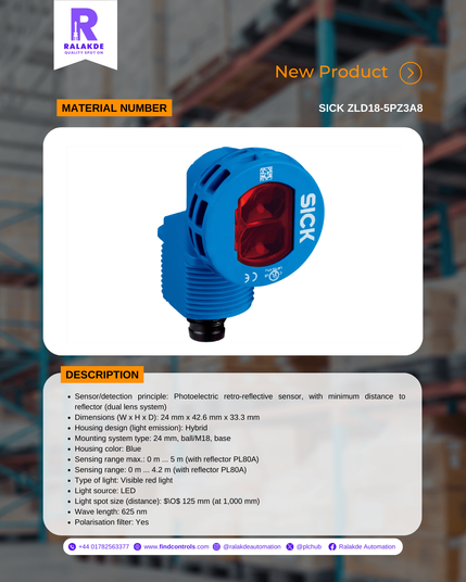 Spesification of SICK ZLD18-5PZ3A8 from Ralakde Automation.