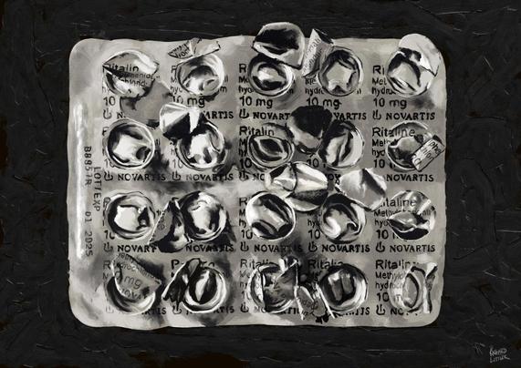 Monochrome digital painting of a used Ritalin blister sheet