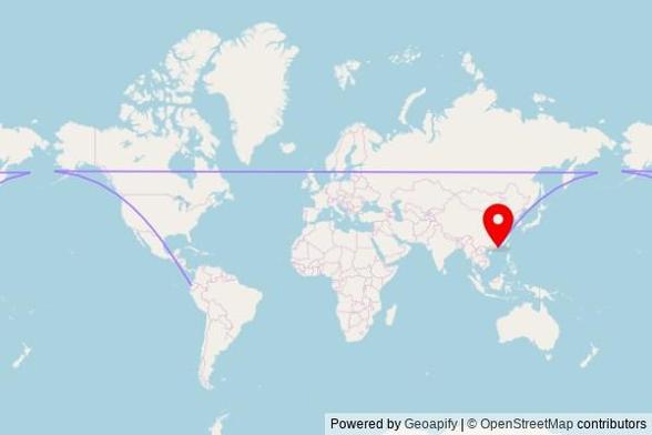A map showing the great circle route from Vinces in Ecuador to a map pin at Tin Hau Temple, 182 Yee Kuk Street, Sham Shui Po, 999077 Hong Kong, China