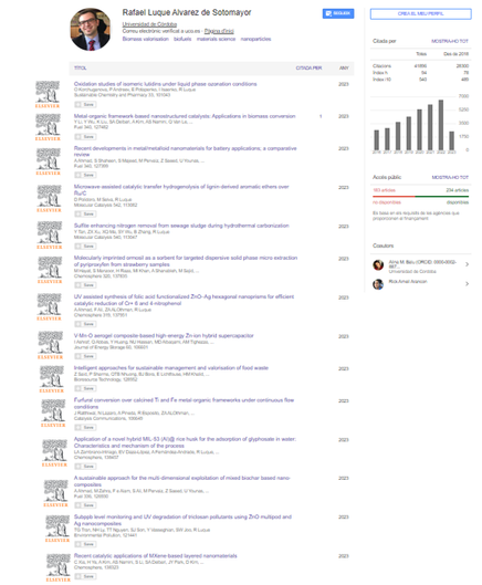 A screenshot of Rafael Luque's google scholar profile as of April 2023, the Elsevier logo has been added in next to each item to more clearly indicate who is the publisher of each of the journal items.