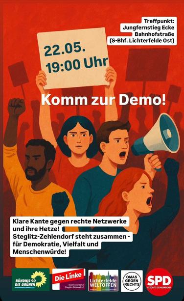 Zeichnung mehrerer protestierender Menschen mit Schild und Megaphon, dazu Veranstaltungsankündigung und Logos von Grünen, Die Linke, Lichterfelde weltoffen, Omas gegen Rechts und SPD
