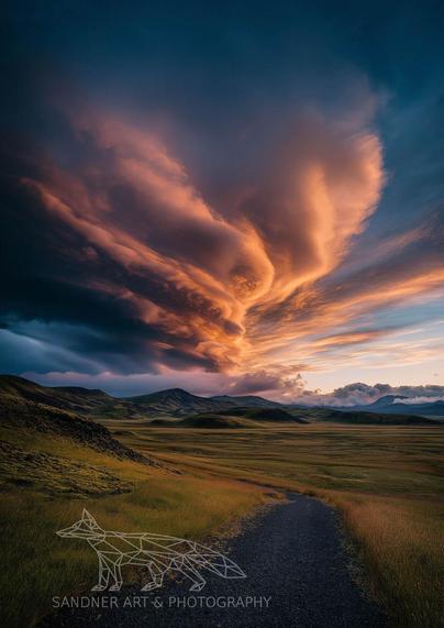 A dramatic sunset over the Icelandic Highlands, with a winding path leading into a vast open valley of golden grass and volcanic hills. The sky is filled with swirling, fiery clouds painted in shades of orange, pink, and deep blue, creating a dynamic, almost surreal scene. The light dances on the landscape, highlighting the contrast between the illuminated cloud formations and the shadowed terrain below.