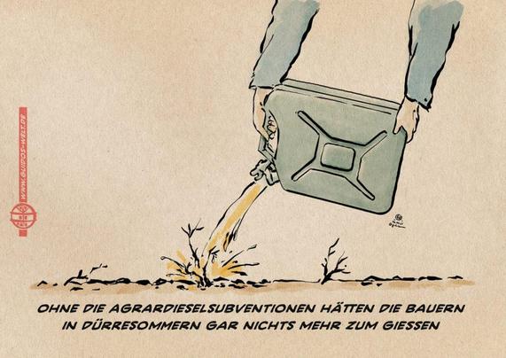 Illustration zweier Hände, die mit einem Dieselkanister trockene Äste auf sandigem Boden gießen. Textzeile: Ohne die Agrardieselsubvention hätten die Bauern in Dürresommern gar nichts mehr zu Gießen.