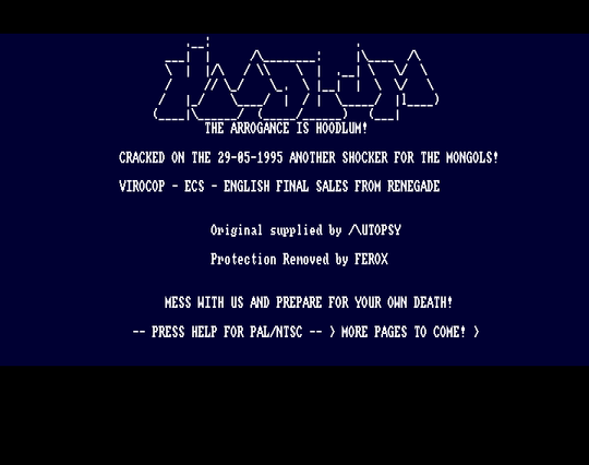 Screenshot of "Virocop" - Crack: Hoodlum (HLM) - Published by Renegade on Commodore Amiga (1995)